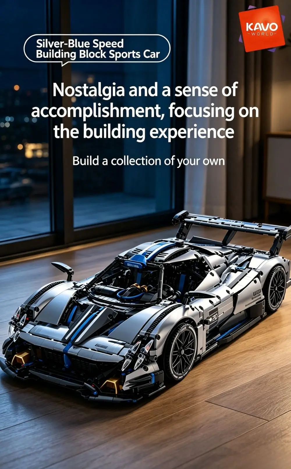 KAVOWORLD 3526pcs Silver Blue Super Sports Car Building Blocks Set 1:8 MOC DIY Assembly Race Car Model Brick STEM Construction Toy Home Decor Ornament Vehicle Display Mechanical Simulation Racing Brick Car Birthday Christmas Gift for Teens