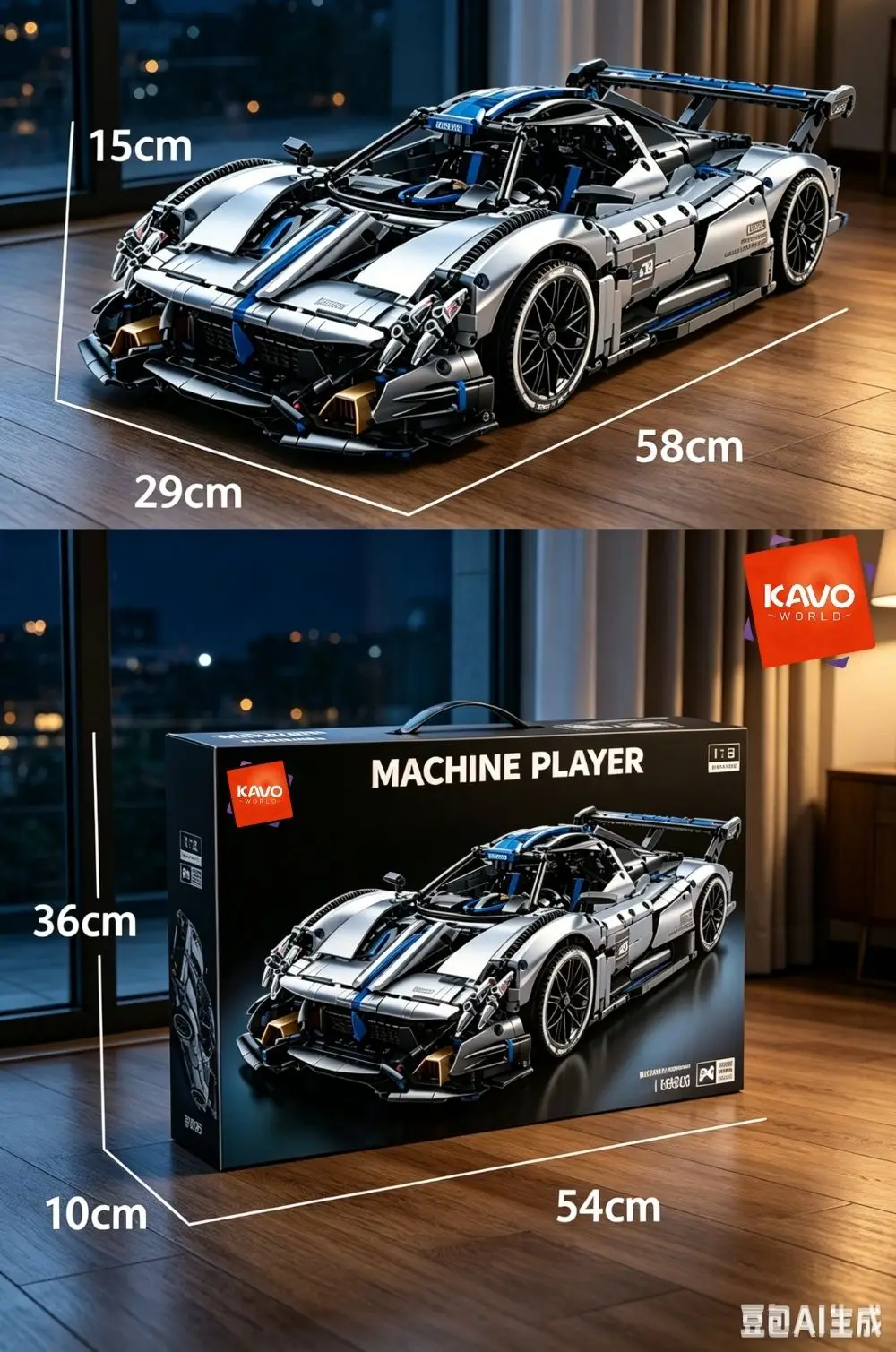 KAVOWORLD 3526pcs Silver Blue Super Sports Car Building Blocks Set 1:8 MOC DIY Assembly Race Car Model Brick STEM Construction Toy Home Decor Ornament Vehicle Display Mechanical Simulation Racing Brick Car Birthday Christmas Gift for Teens