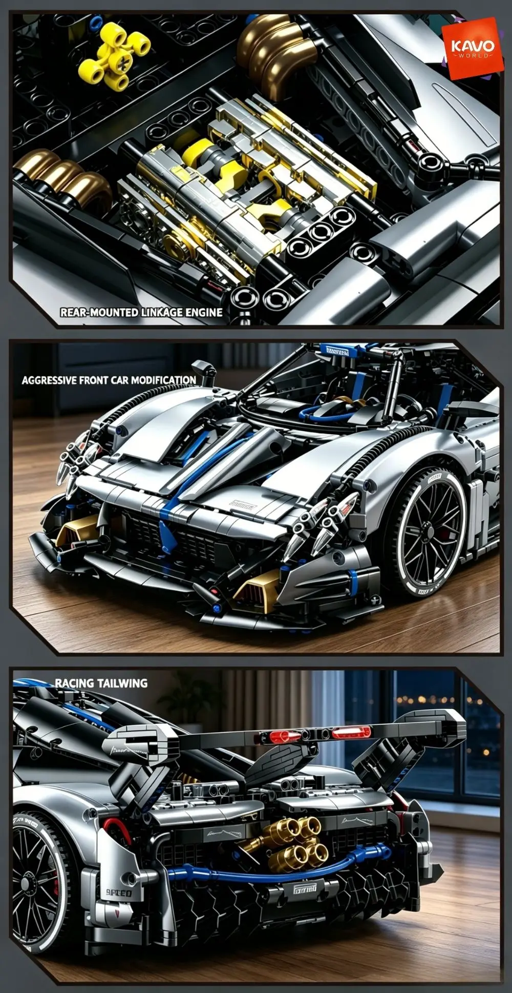 KAVOWORLD 3526pcs Silver Blue Super Sports Car Building Blocks Set 1:8 MOC DIY Assembly Race Car Model Brick STEM Construction Toy Home Decor Ornament Vehicle Display Mechanical Simulation Racing Brick Car Birthday Christmas Gift for Teens