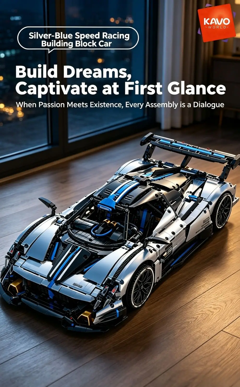 KAVOWORLD 3526pcs Silver Blue Super Sports Car Building Blocks Set 1:8 MOC DIY Assembly Race Car Model Brick STEM Construction Toy Home Decor Ornament Vehicle Display Mechanical Simulation Racing Brick Car Birthday Christmas Gift for Teens