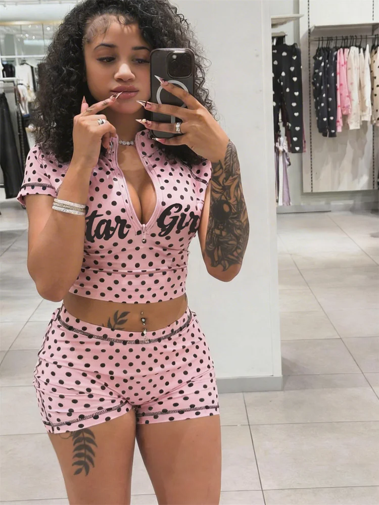 Kliou Polka Dot Print 2 Piece Set Woman Zip Turtleneck Short Sleeve Crop Tops+Skinny Shorts Street Sexy Fashion Style Outfits