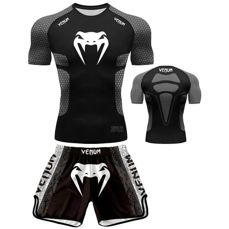 Free fighting and Boxing MuayThai Shirt shorts set Venom UFC Sets Quick-Drying Breathable Polyester Training T-Shirt Shorts set