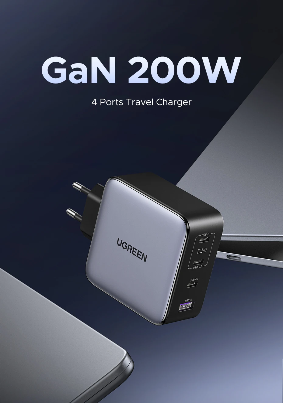 UGREEN 200W Travel GaN Charger PD 3.1 140W QC4.0 3.0 Quick Charge For Macbook Pro Laptops iPhone 18 17 Samsung S26 Xiaomi Tablet