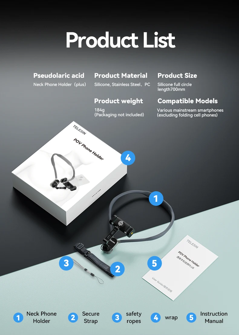 TELESIN Neck Mount Phone Clip 360° Rotation POV Phone Hold for Iphone 15 14 13 12 11 10 SAMSUNG HUAWEI XIAOMI Phone Accessories