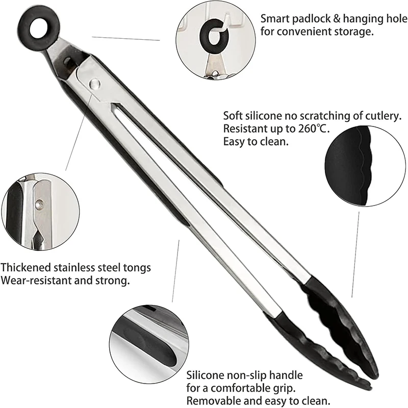 Stainless Steel Kitchen Tongs with Silicone Tips 7/9/12Inch Food Silicone Tongs for Meat BBQ Salad Bread Frying Serving Baking