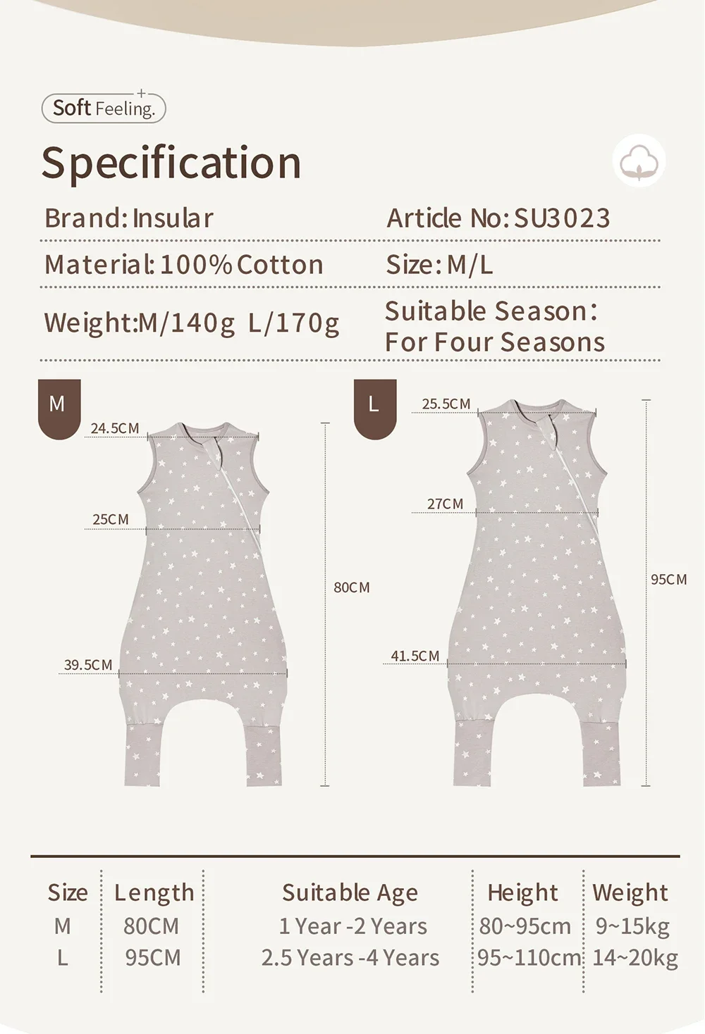 INSULAR Baby Soft Sleep Sack With Feet Infant Sleeveless Sleeping Bags Children's Homewear Premium Cotton 2-Way Zipper4 Seasons