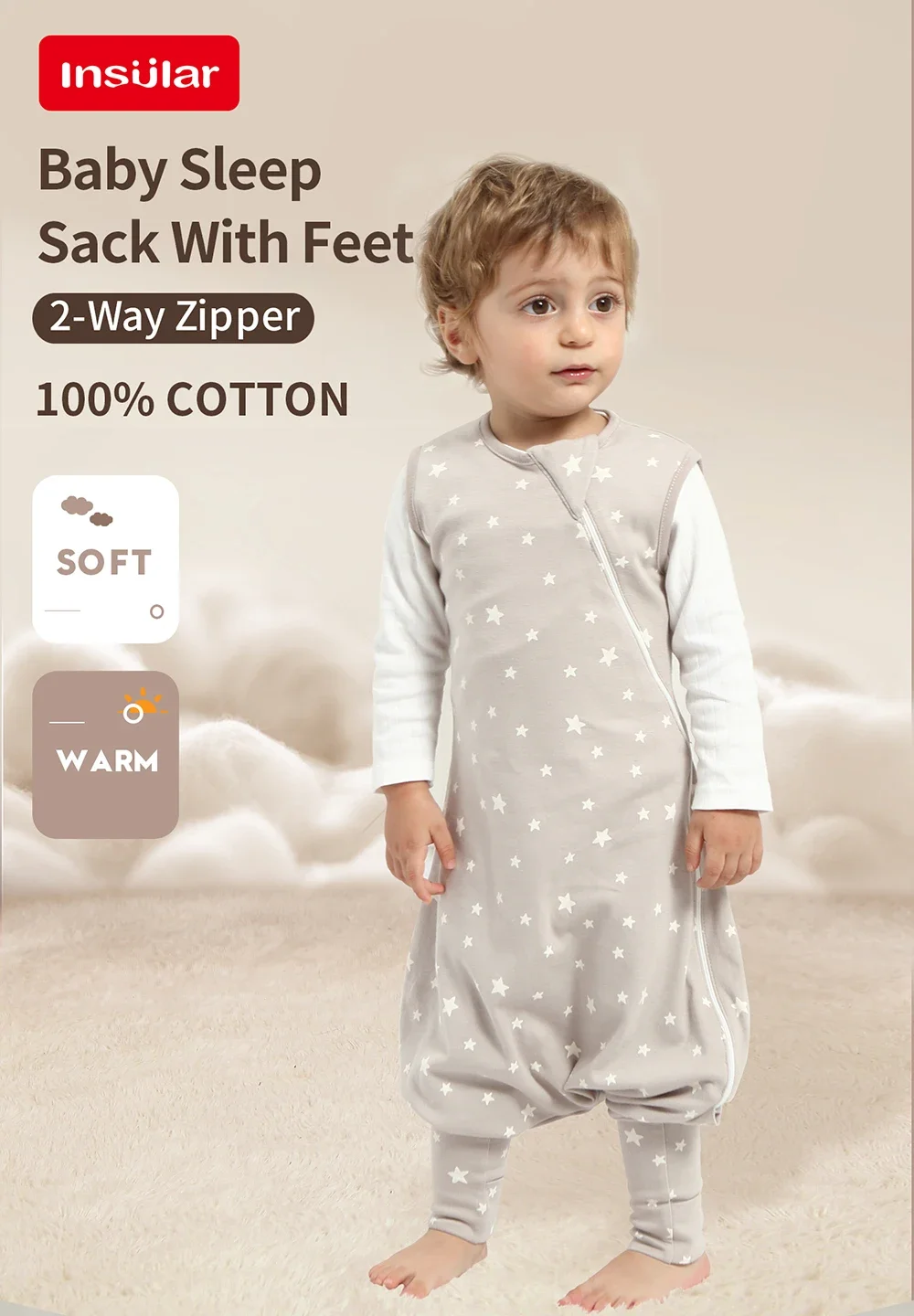 INSULAR Baby Soft Sleep Sack With Feet Infant Sleeveless Sleeping Bags Children's Homewear Premium Cotton 2-Way Zipper4 Seasons