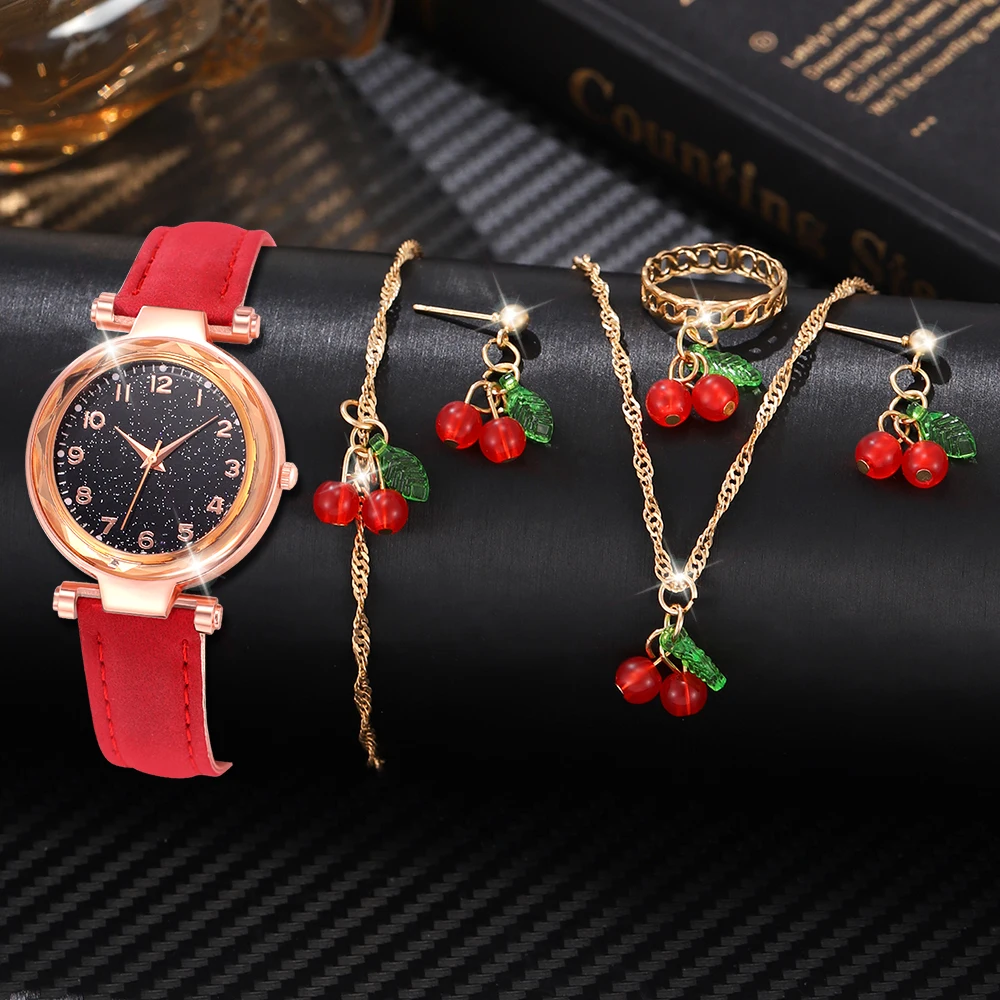 5/6 PCS/Set Red Women's Watch With Minimalist Elements Dial Quartz Watch Latex Strap Cherry Elements Jewelry Set Girl's Gift