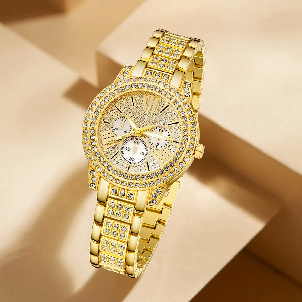 Women's Quartz Watch Gold Luxury Women Ring Necklace Earring Rhinestone Fashion Wristwatch Casual Ladies Watches Jewelry Set 