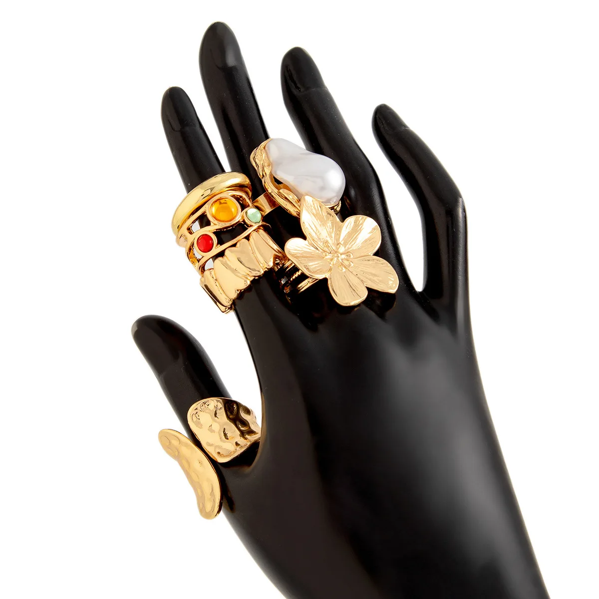 Fashion Gold Color Flower Crystal Imitation Pearl Open Ring for Women Engagement Party Gift Temperament Jewelry 2024 
