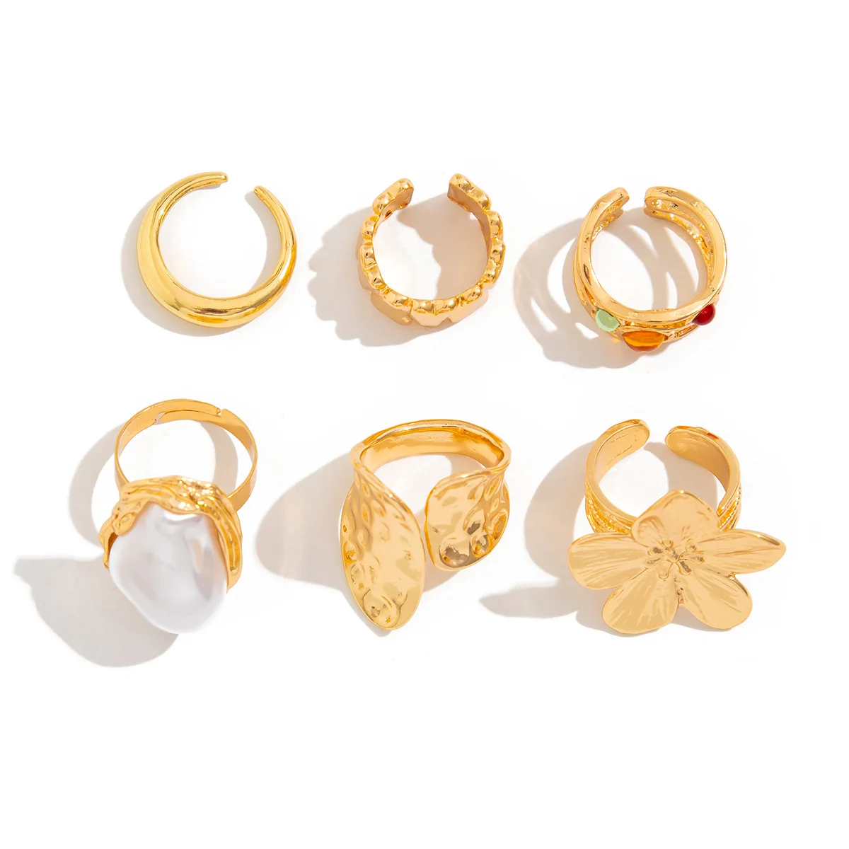 Fashion Gold Color Flower Crystal Imitation Pearl Open Ring for Women Engagement Party Gift Temperament Jewelry 2024 