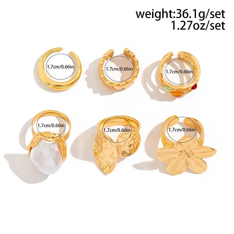 Fashion Gold Color Flower Crystal Imitation Pearl Open Ring for Women Engagement Party Gift Temperament Jewelry 2024 