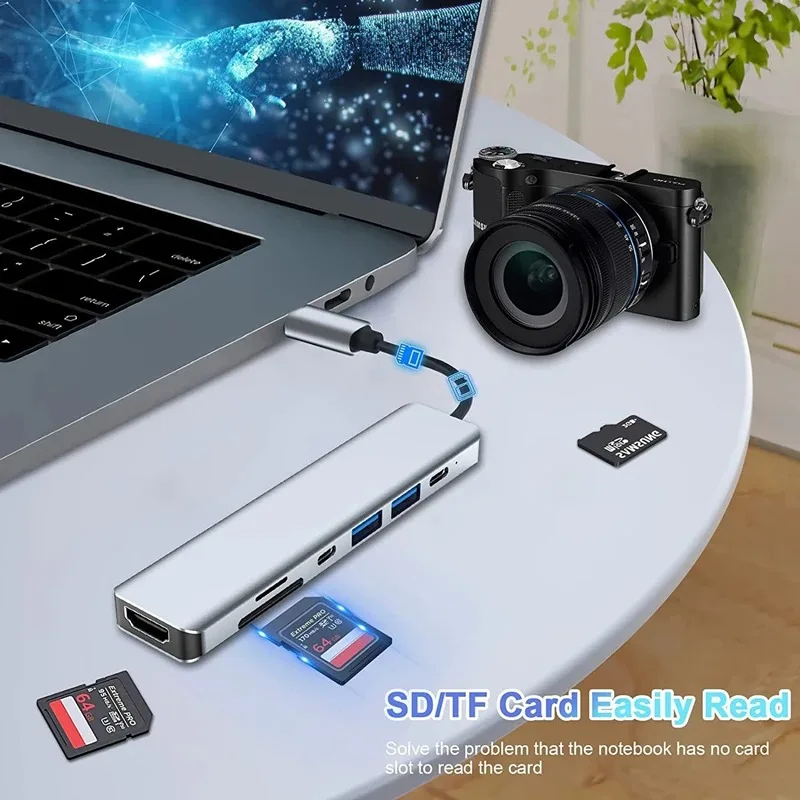 7 in 1 USB C HUB USB 3.0 HDMI 4K 60Hz Video USB2.0 SD TF Card Slot Reader Multi-Ports PD Charging for PC/Laptops/MacBook Pro