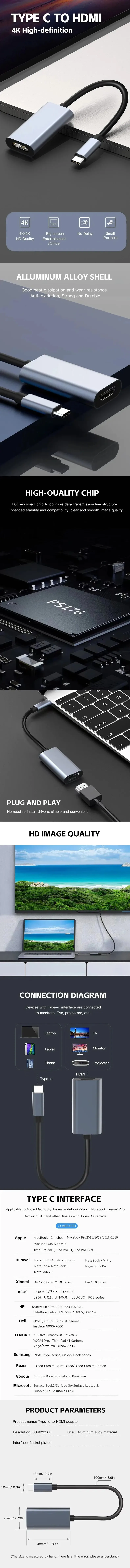 4K 60Hz Type C to HDMI Adapter USB 3.1 HUB HDTV Converter Cable for iPhone 15 TV Converter for PC MacBook iPad Samsung Laptop