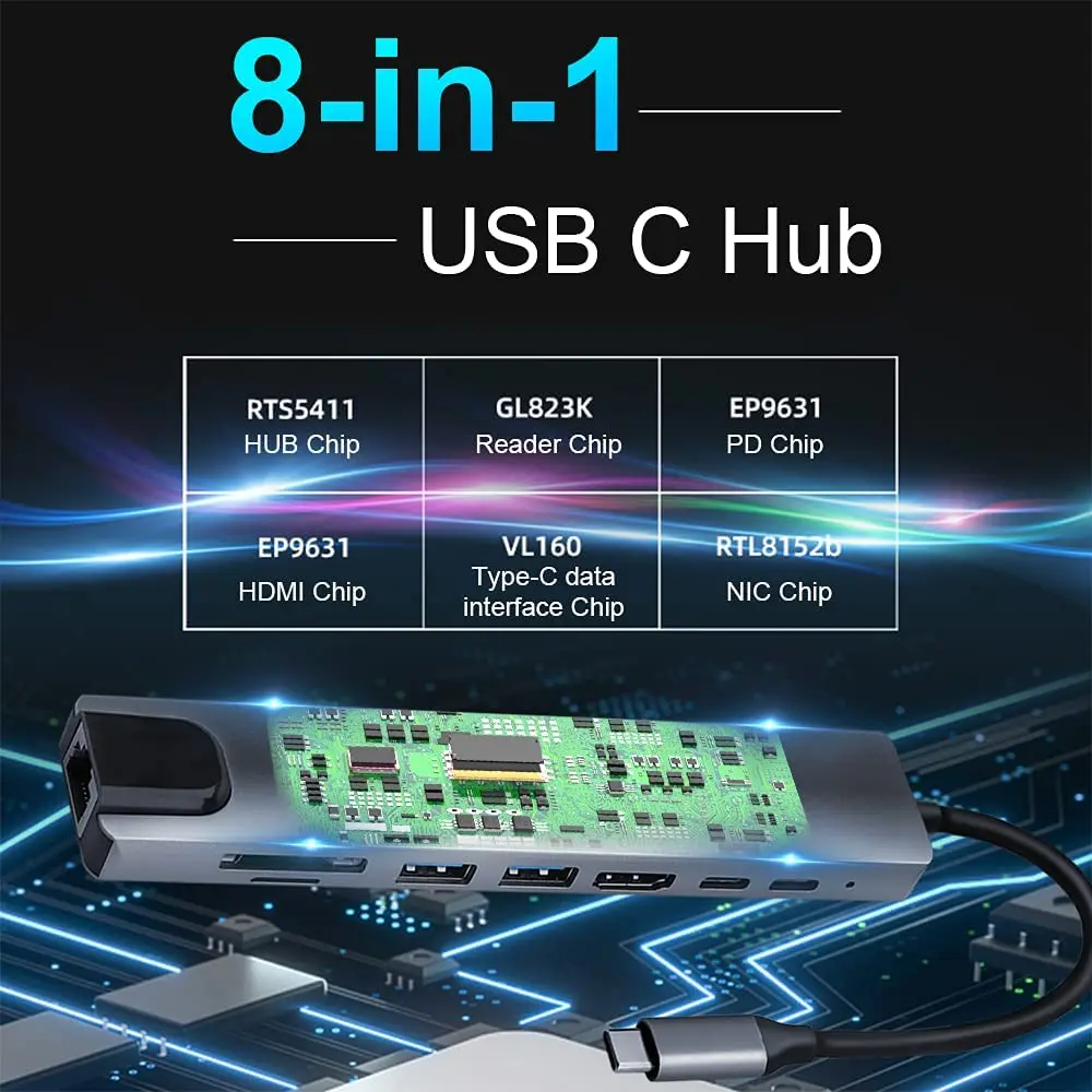 USB 3.0 Hub For Laptop Adapter PC Computer PD Charge Dock Station RJ45 HDMI-compatible TF/SD Card Notebook Type-C Splitter