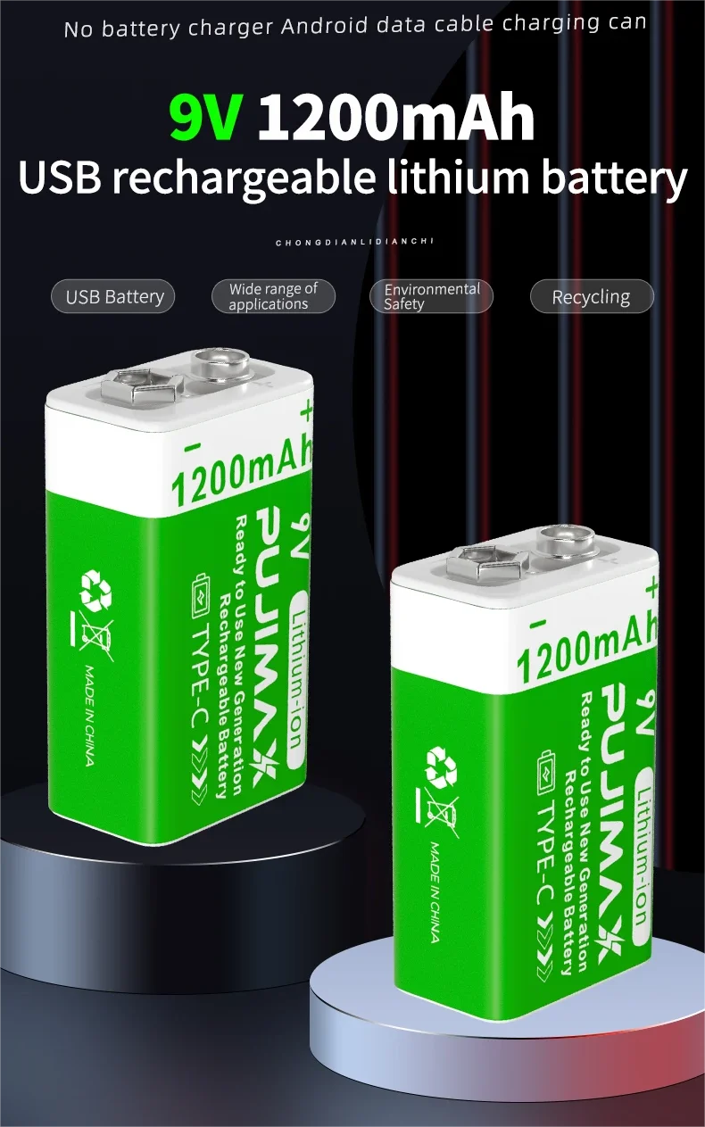 PUJIMAX 9v 1200mAh High Capacity Usb-C Lithium Ion Battery Rechargeable Battery with Type-c Cable for Toys Remote Control Camera