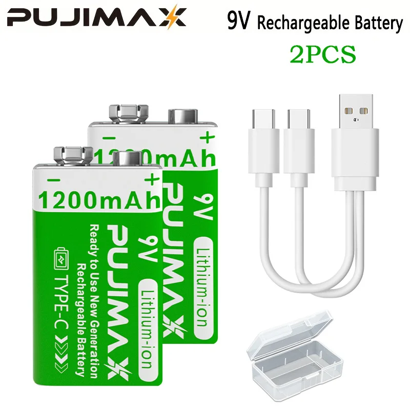 PUJIMAX 9v 1200mAh High Capacity Usb-C Lithium Ion Battery Rechargeable Battery with Type-c Cable for Toys Remote Control Camera