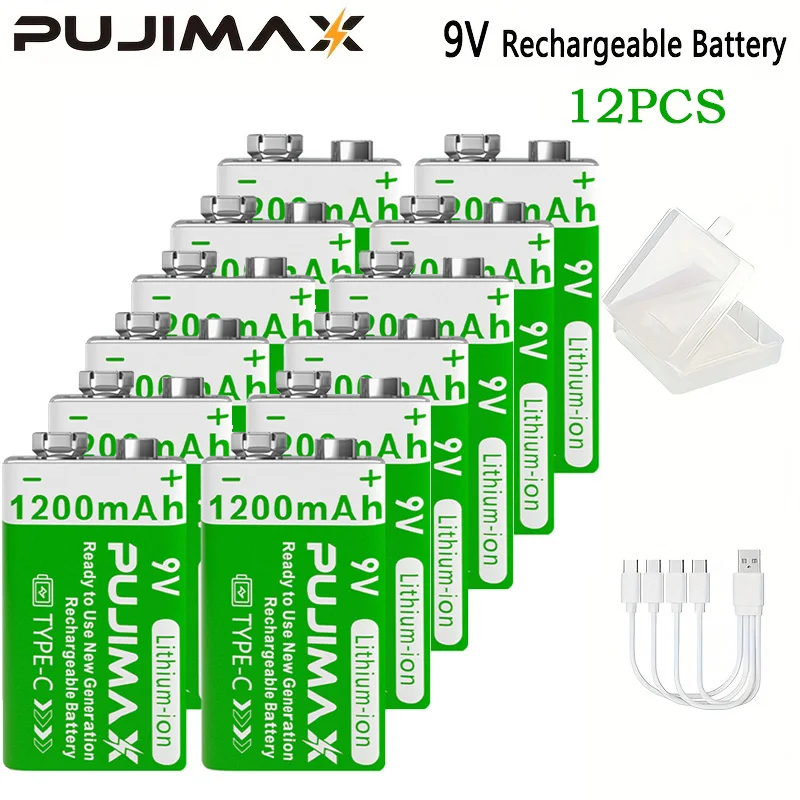 PUJIMAX 9v 1200mAh High Capacity Usb-C Lithium Ion Battery Rechargeable Battery with Type-c Cable for Toys Remote Control Camera