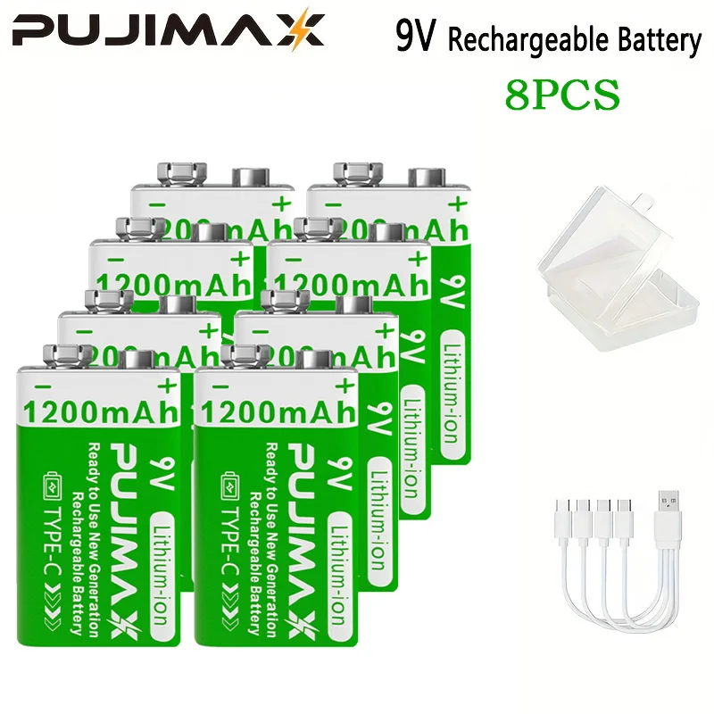 PUJIMAX 9v 1200mAh High Capacity Usb-C Lithium Ion Battery Rechargeable Battery with Type-c Cable for Toys Remote Control Camera