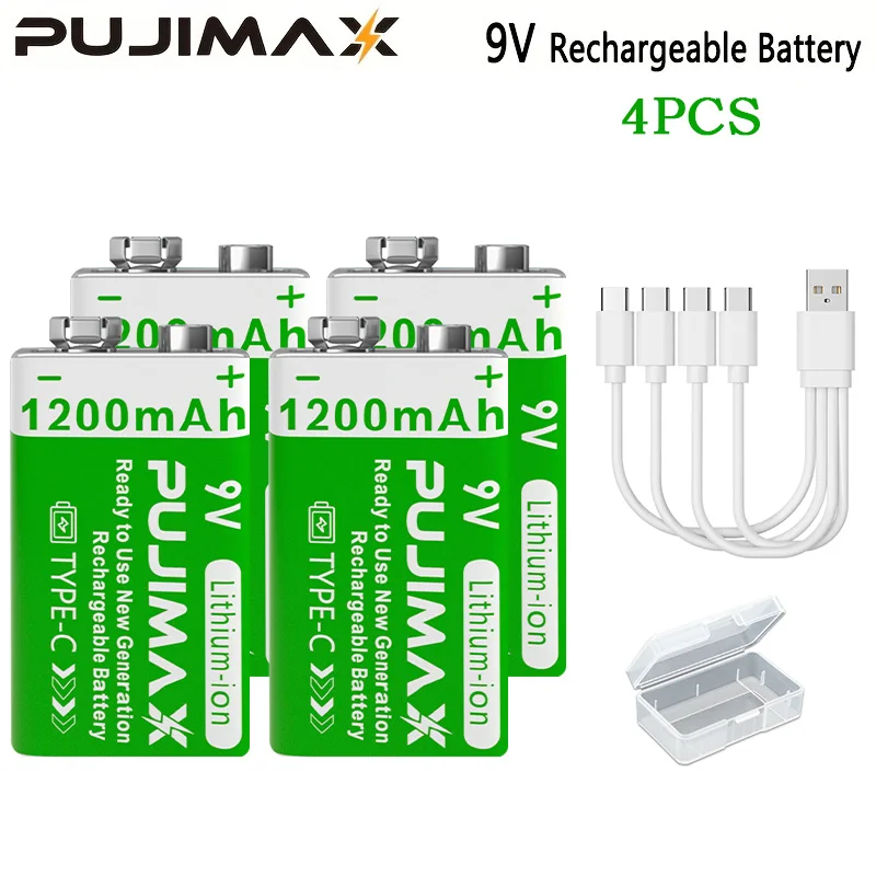 PUJIMAX 9v 1200mAh High Capacity Usb-C Lithium Ion Battery Rechargeable Battery with Type-c Cable for Toys Remote Control Camera