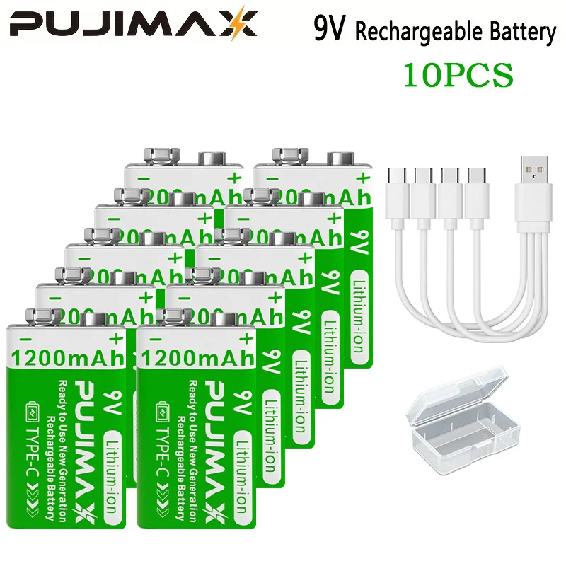 PUJIMAX 9v 1200mAh High Capacity Usb-C Lithium Ion Battery Rechargeable Battery with Type-c Cable for Toys Remote Control Camera