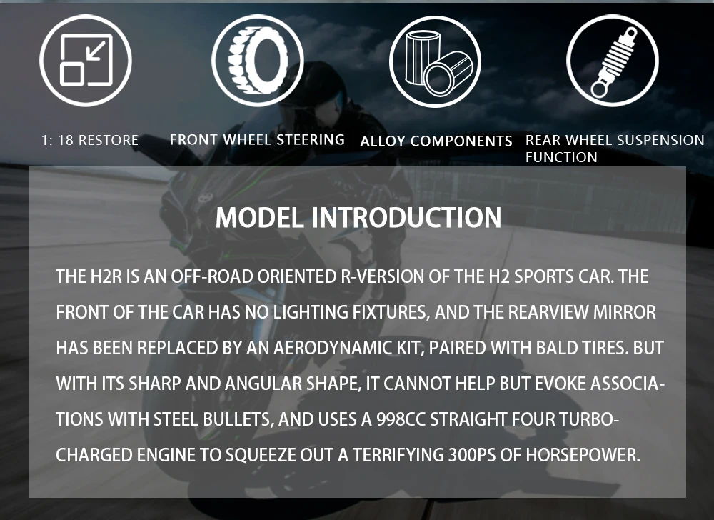 1:18 H2R Alloy Motorcycle Model Toy Boy Diecast Metal Vehicle Fast and Furious One Piece Hot Wheel Miniature Gift for Children