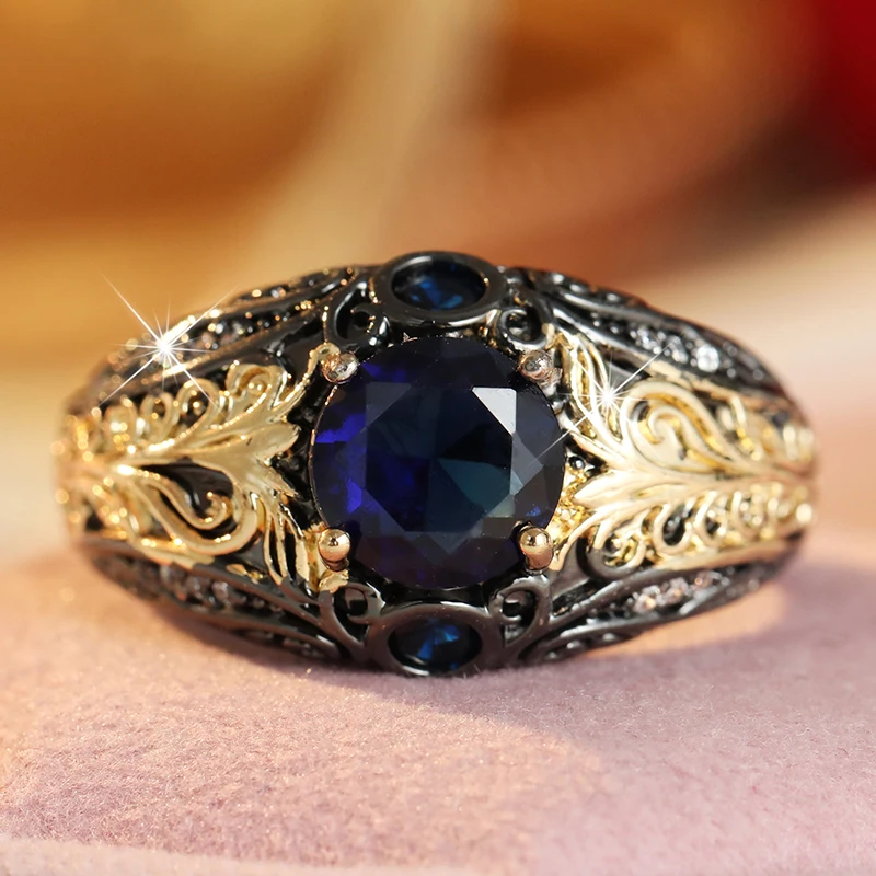 Artistic Vintage Blue Synthetic Zirconia Vine Leaf Cameo Two Tone Women Ring Elegant Gorgeous Banquet Festival Jewelry Accessory