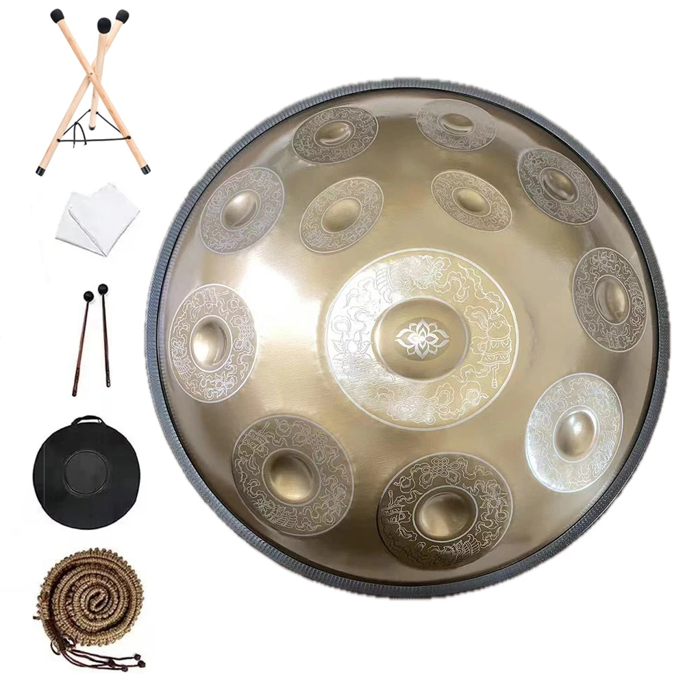 440/432Hz 12/10/9 Notes 22inch Carve Golden Handpan Drum D Minor Steel Tongue Drum Beginner Percussion Instrument Hand Drum Gift