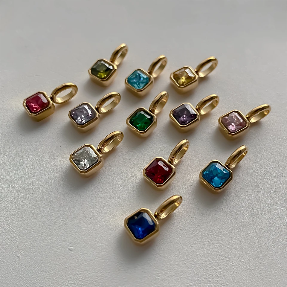 EMANCO Stainless Steel Classic Octagon Birthstone Charms 14K Gold Plated Pendant For DIY Jewelry Making Necklace