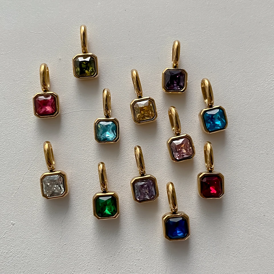EMANCO Stainless Steel Classic Octagon Birthstone Charms 14K Gold Plated Pendant For DIY Jewelry Making Necklace