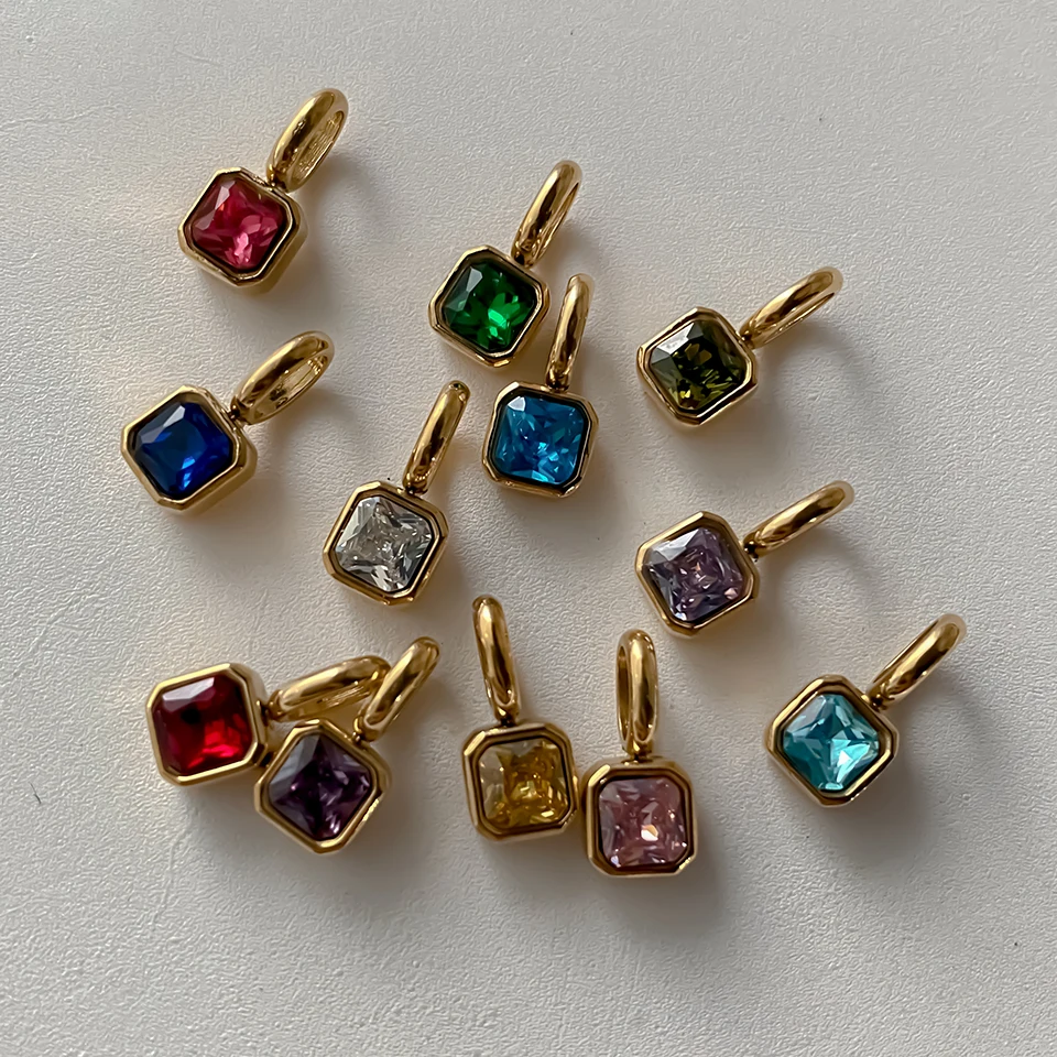 EMANCO Stainless Steel Classic Octagon Birthstone Charms 14K Gold Plated Pendant For DIY Jewelry Making Necklace