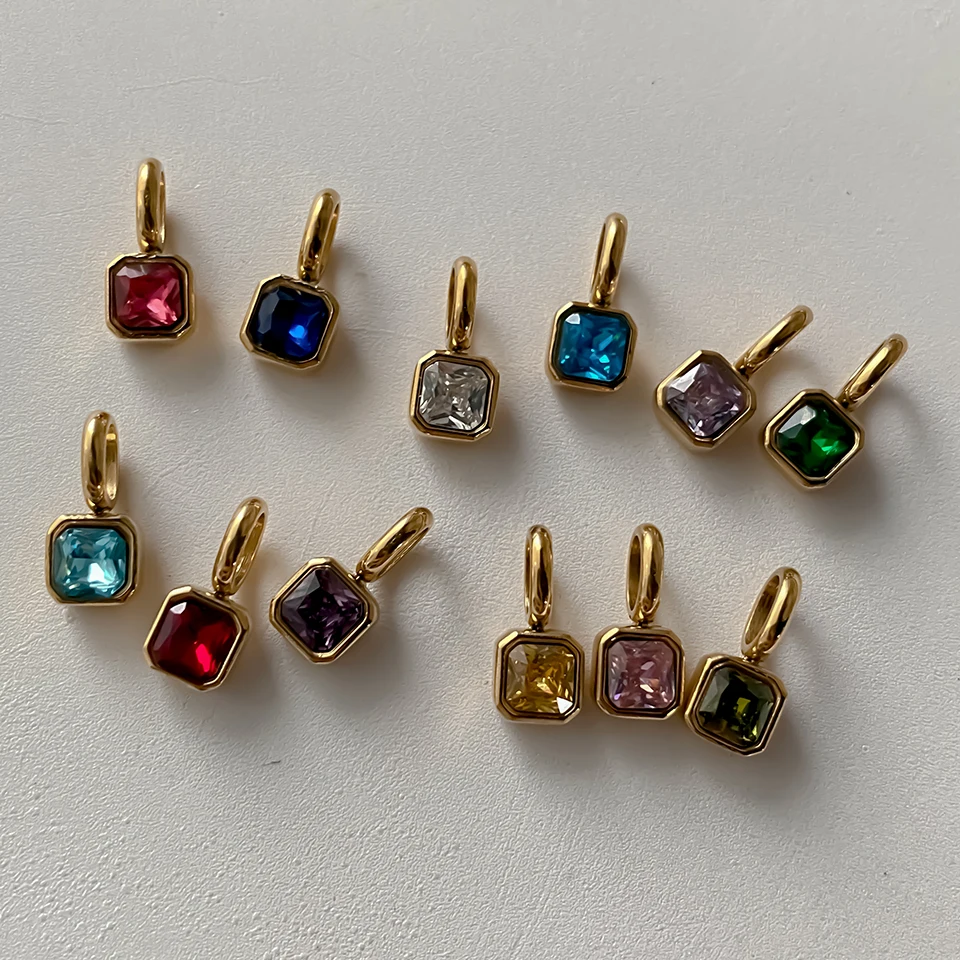 EMANCO Stainless Steel Classic Octagon Birthstone Charms 14K Gold Plated Pendant For DIY Jewelry Making Necklace