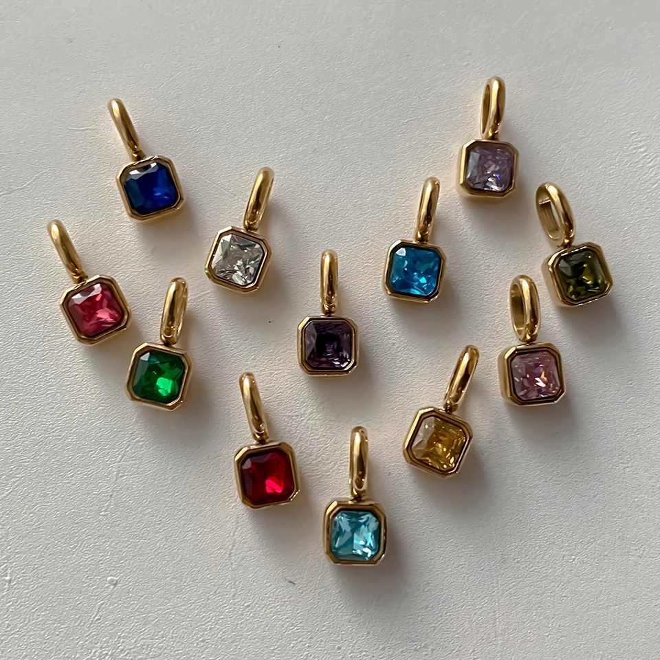 EMANCO Stainless Steel Classic Octagon Birthstone Charms 14K Gold Plated Pendant For DIY Jewelry Making Necklace