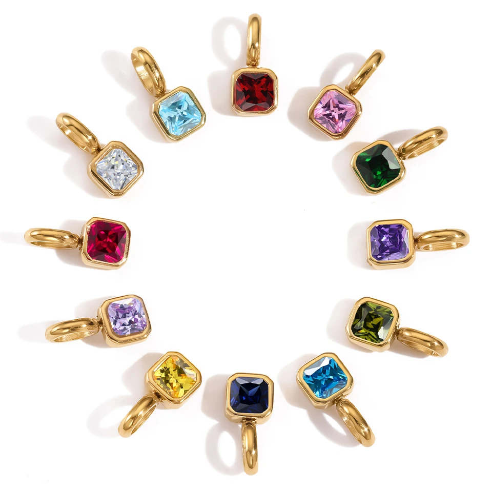EMANCO Stainless Steel Classic Octagon Birthstone Charms 14K Gold Plated Pendant For DIY Jewelry Making Necklace