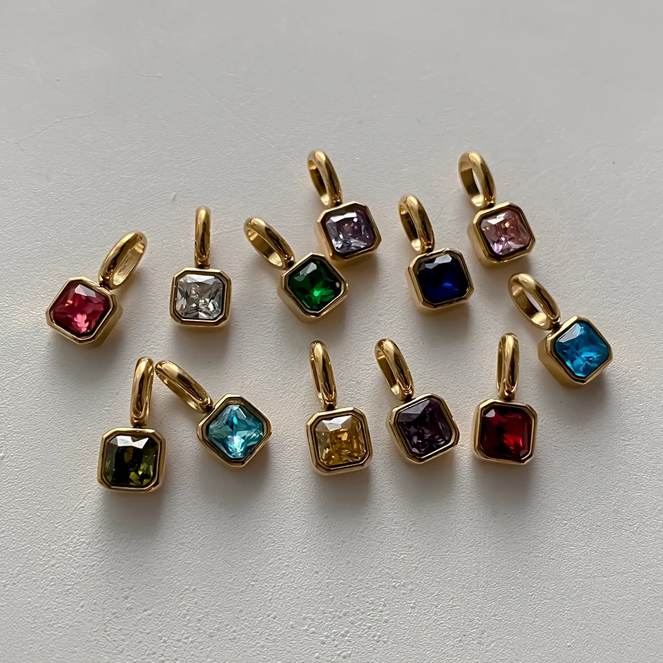 EMANCO Stainless Steel Classic Octagon Birthstone Charms 14K Gold Plated Pendant For DIY Jewelry Making Necklace