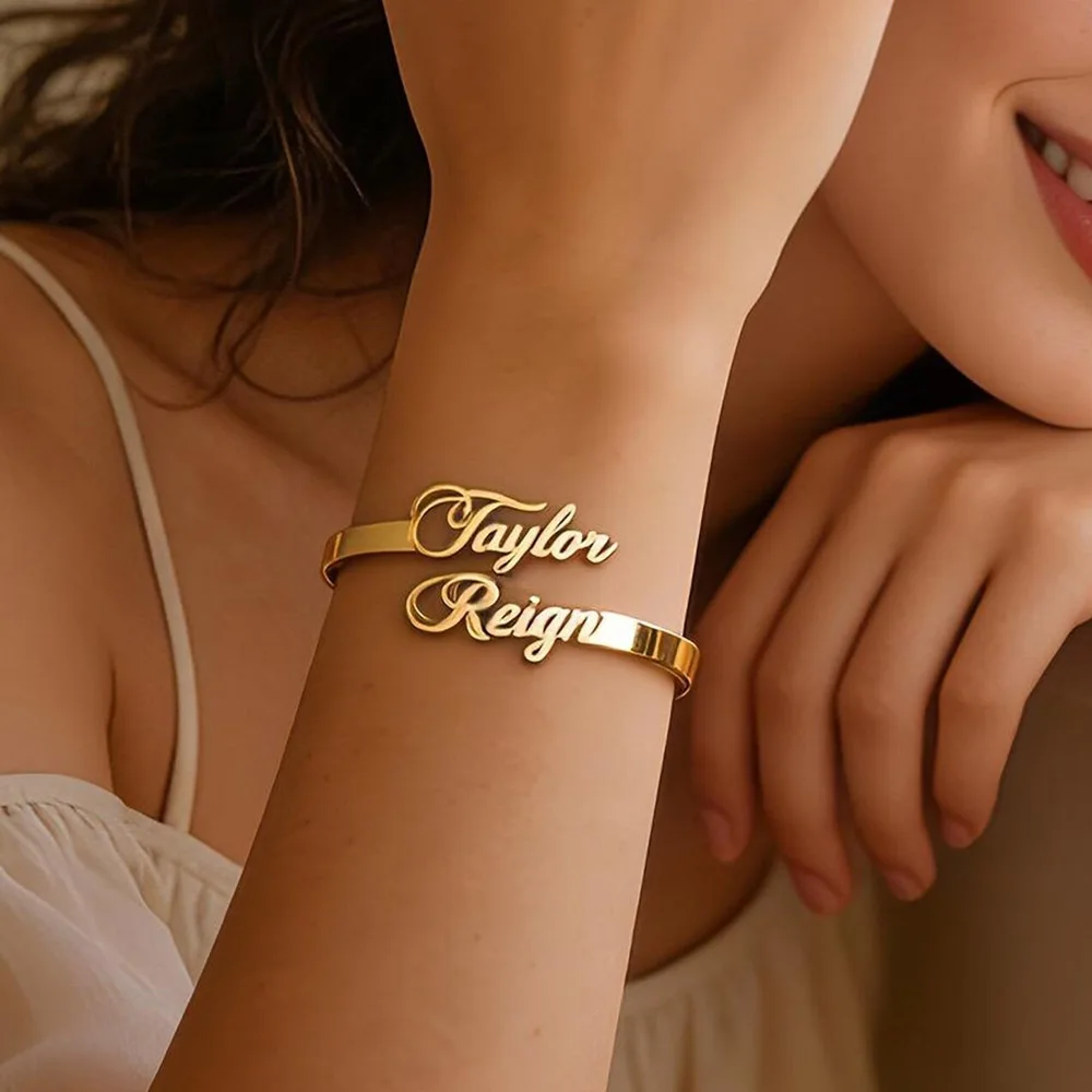 Dainty 18K Gold Plated Custom Name Bangle Bracelet Custom Name Bracelet Personalized Stainless Steel Jewelry Gift for Women