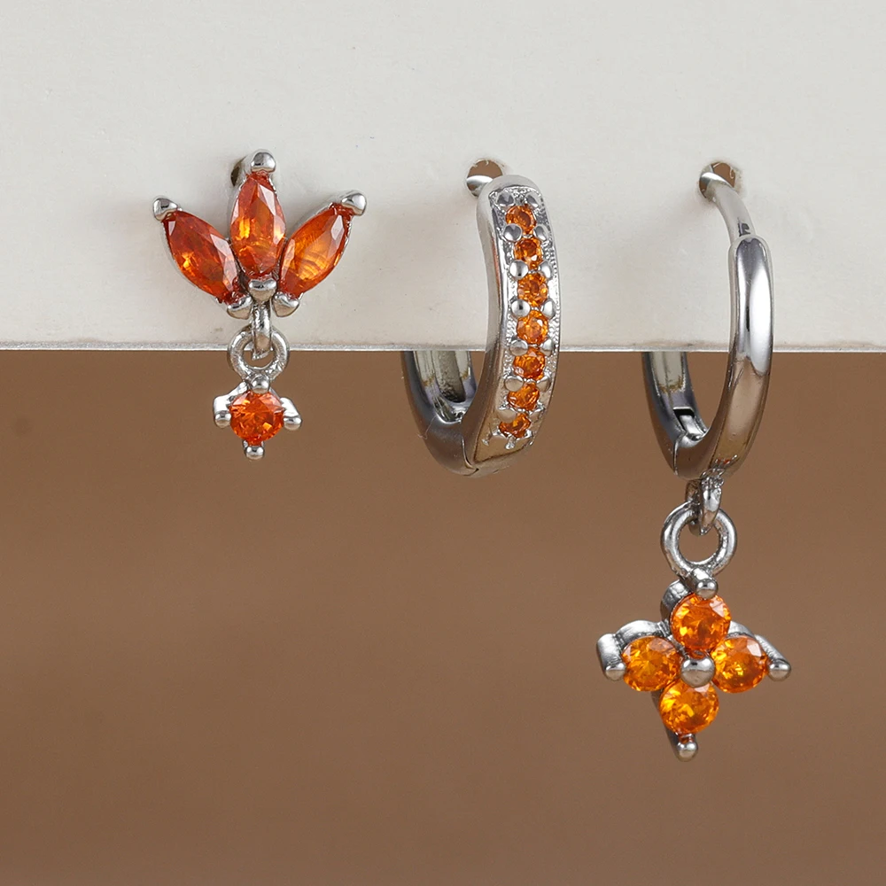 3PCS Fashion Orange Blue Zircon Hanging Earrings Set for Women Stainless Steel Flower Dangle Earring Piercing Jewelry