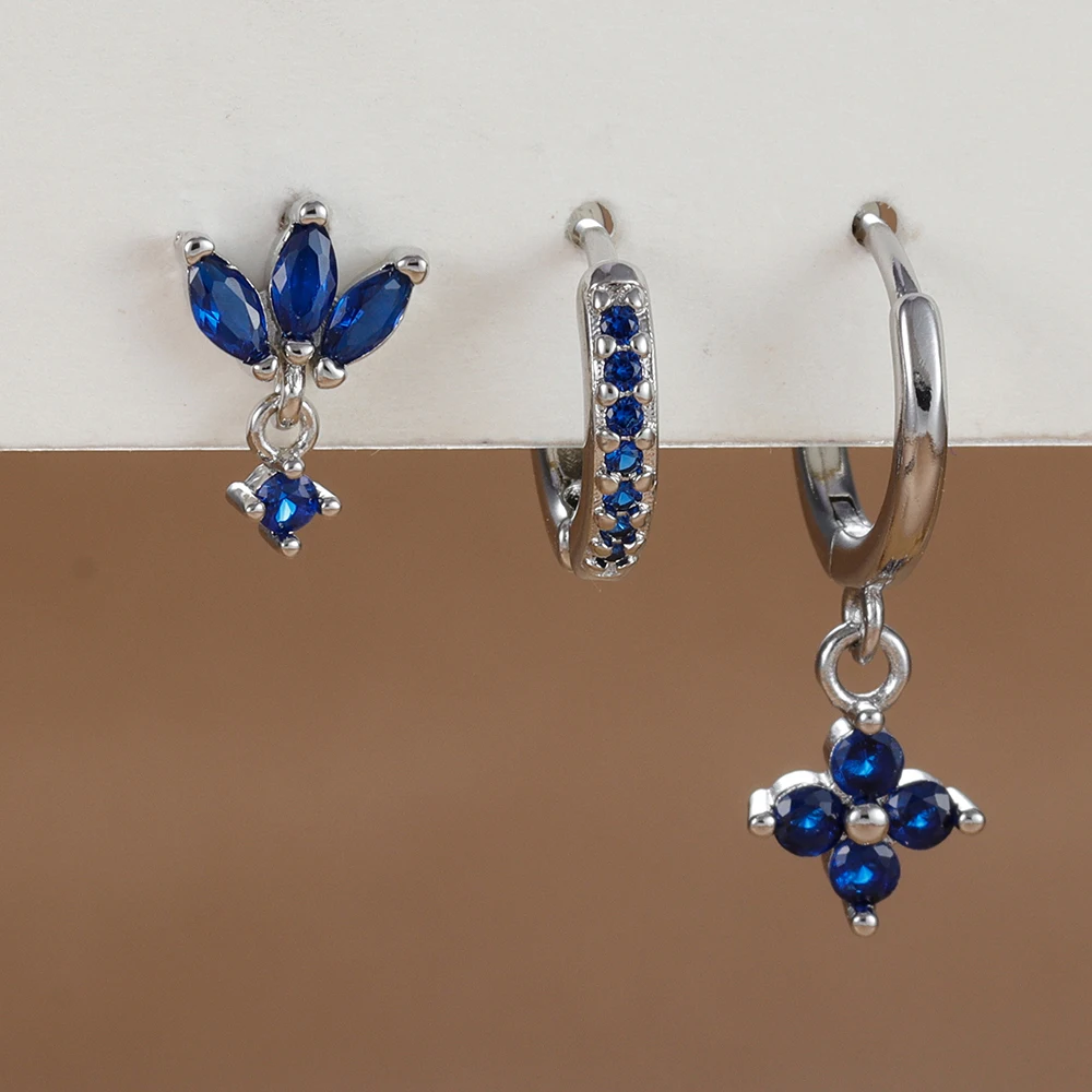 3PCS Fashion Orange Blue Zircon Hanging Earrings Set for Women Stainless Steel Flower Dangle Earring Piercing Jewelry