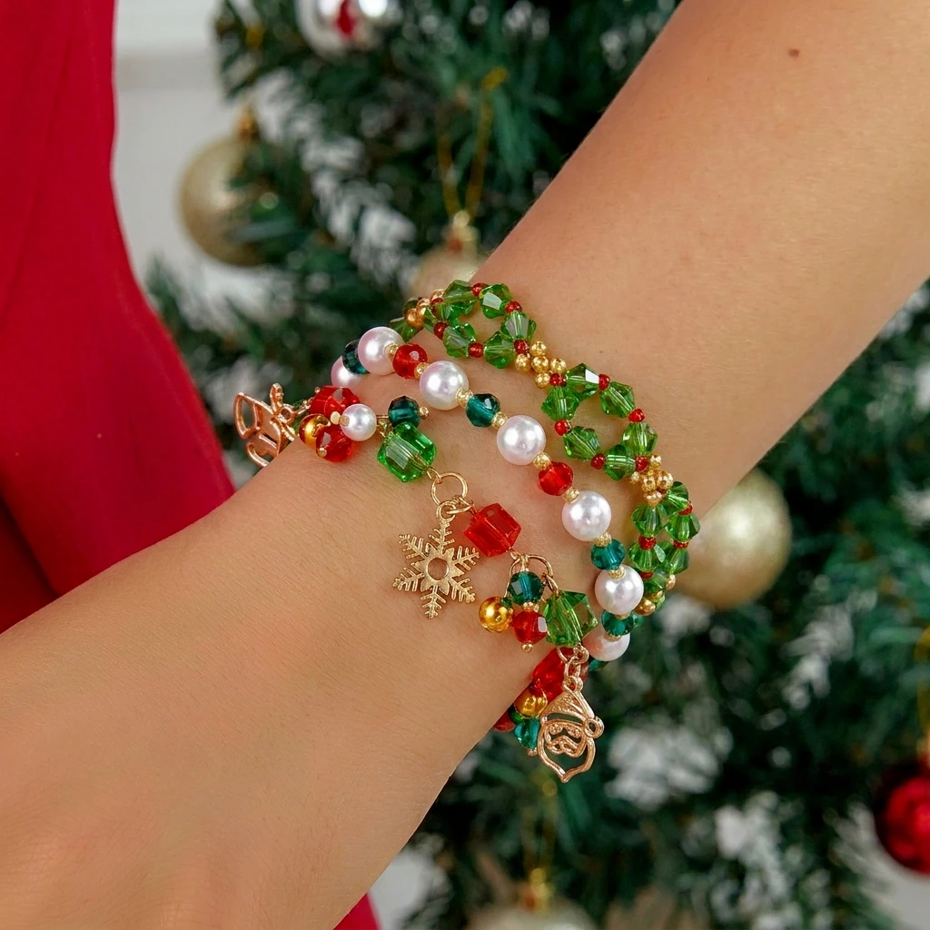 3pcs/set Red Green Crystal Beaded Bracelet for Women Christmas Tree Santa Claus Snowflake Pendant Bracelet New Year Jewelry Gift