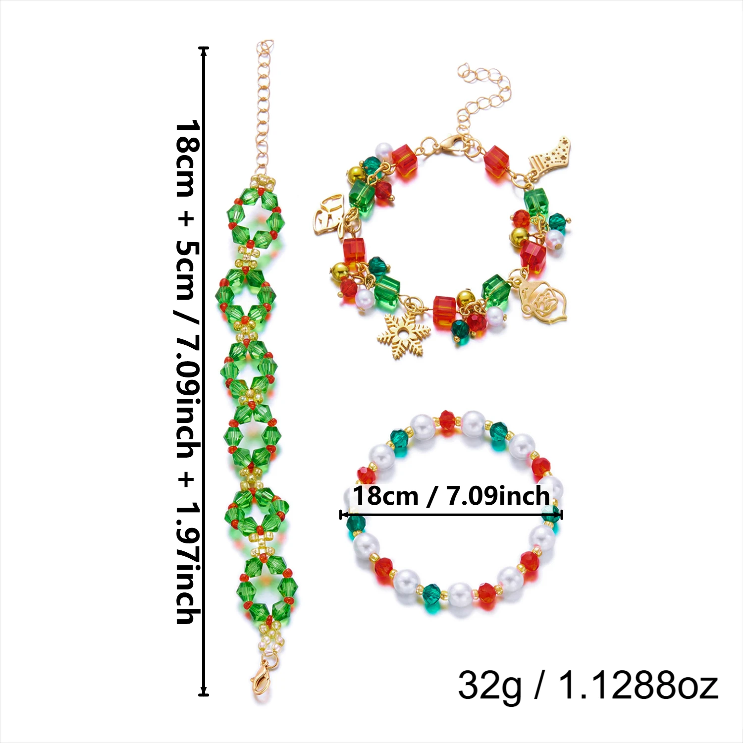 3pcs/set Red Green Crystal Beaded Bracelet for Women Christmas Tree Santa Claus Snowflake Pendant Bracelet New Year Jewelry Gift