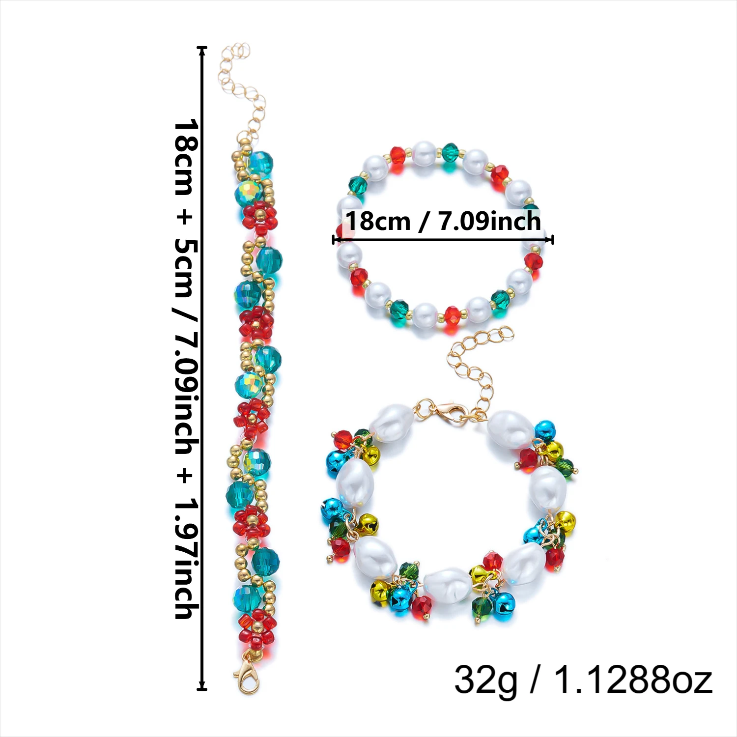 3pcs/set Red Green Crystal Beaded Bracelet for Women Christmas Tree Santa Claus Snowflake Pendant Bracelet New Year Jewelry Gift
