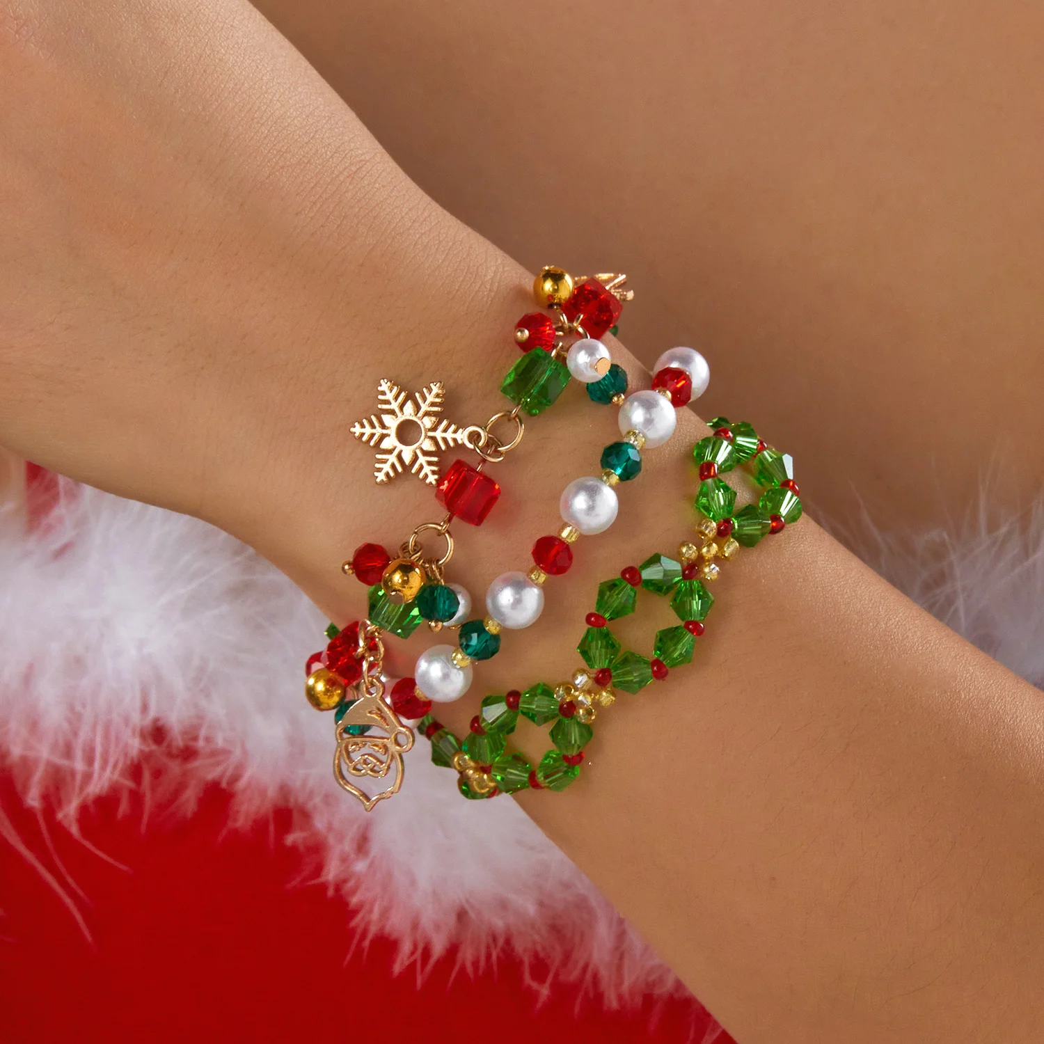 3pcs/set Red Green Crystal Beaded Bracelet for Women Christmas Tree Santa Claus Snowflake Pendant Bracelet New Year Jewelry Gift
