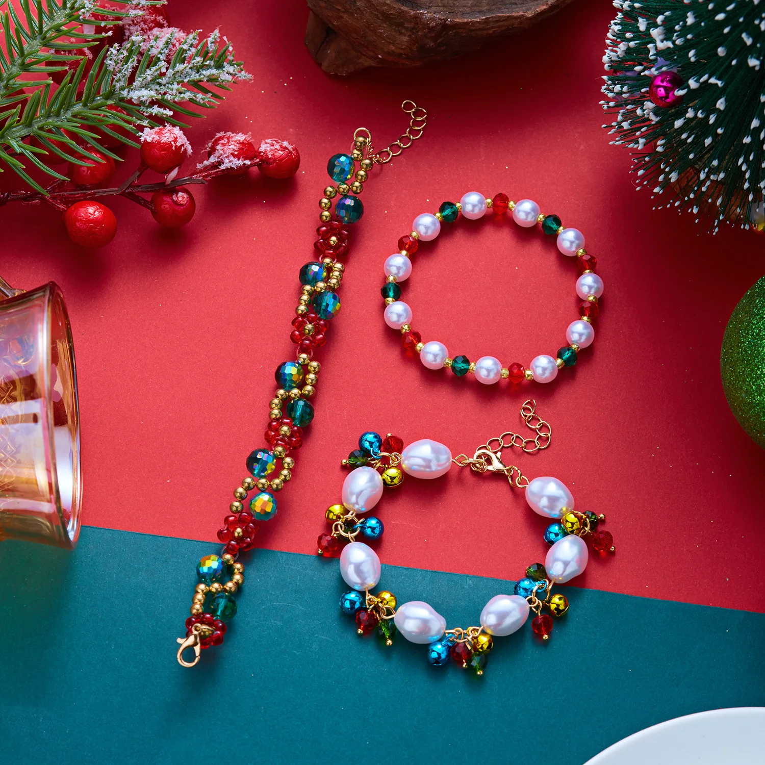 3pcs/set Red Green Crystal Beaded Bracelet for Women Christmas Tree Santa Claus Snowflake Pendant Bracelet New Year Jewelry Gift