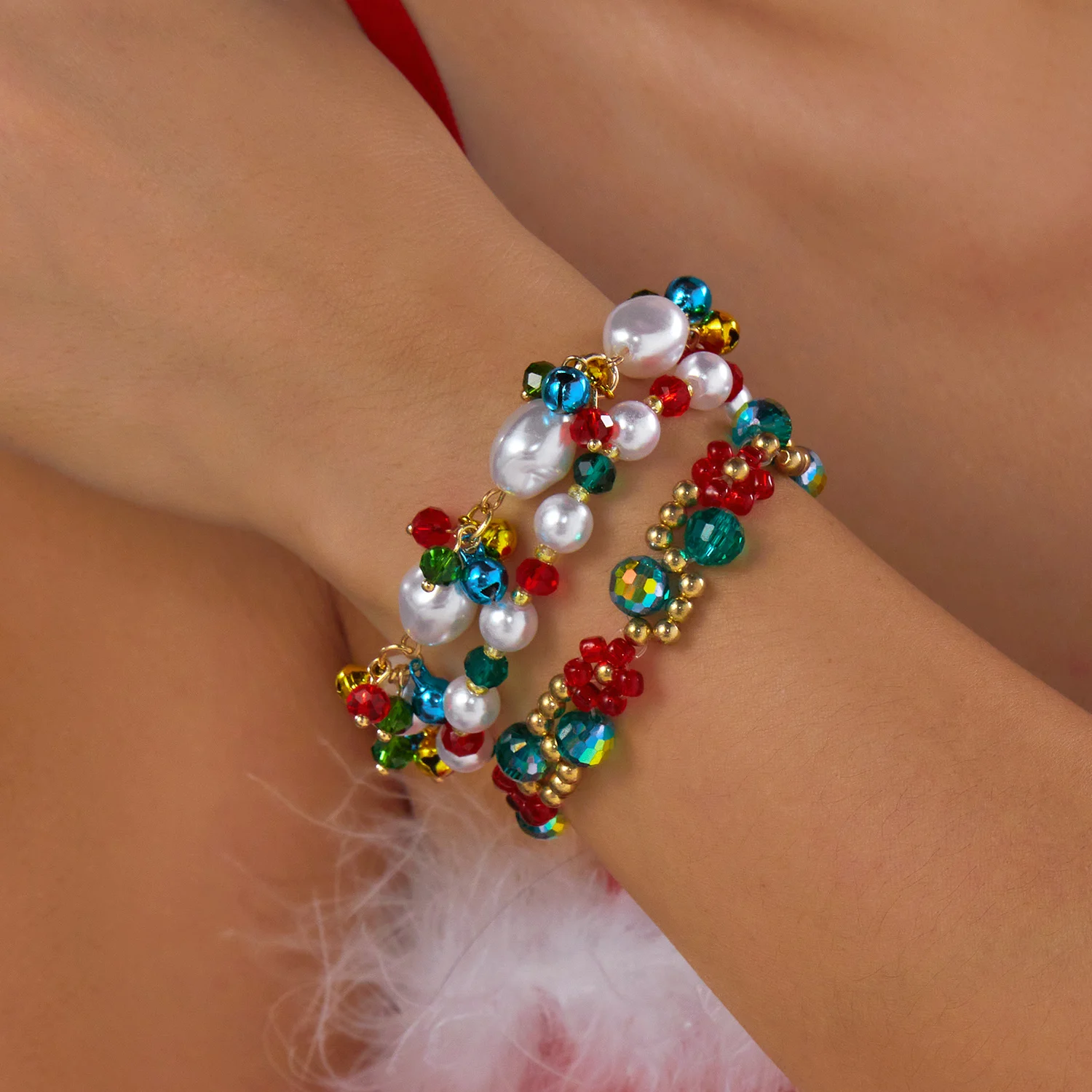 3pcs/set Red Green Crystal Beaded Bracelet for Women Christmas Tree Santa Claus Snowflake Pendant Bracelet New Year Jewelry Gift