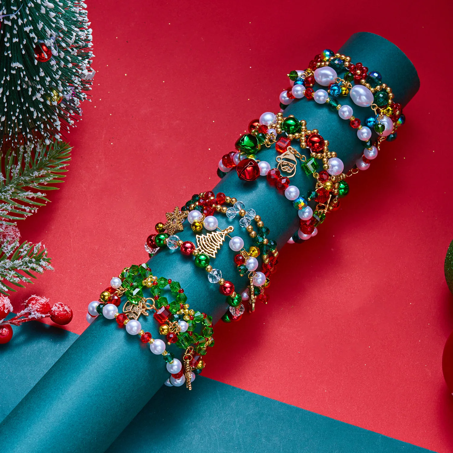 3pcs/set Red Green Crystal Beaded Bracelet for Women Christmas Tree Santa Claus Snowflake Pendant Bracelet New Year Jewelry Gift