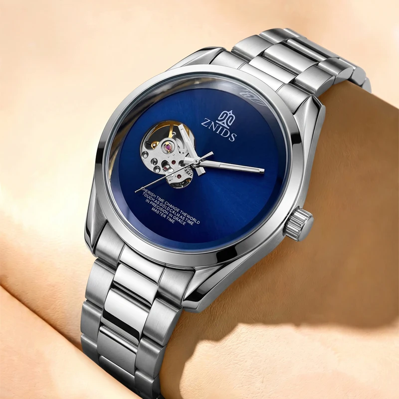 European and American Style Light Luxury Skeleton Mechanical Men's Watch, Minimalist Dial with Transparent Movement Design, Fully Automatic Steel Band Waterproof Wristwatch, Popular Gift for Daily Wear, Formal and Casu
