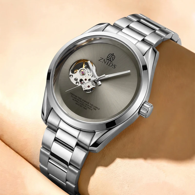 European and American Style Light Luxury Skeleton Mechanical Men's Watch, Minimalist Dial with Transparent Movement Design, Fully Automatic Steel Band Waterproof Wristwatch, Popular Gift for Daily Wear, Formal and Casu