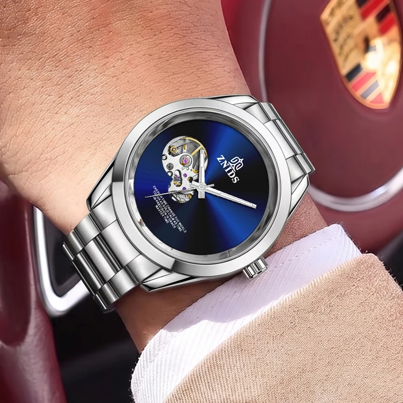 European and American Style Light Luxury Skeleton Mechanical Men's Watch, Minimalist Dial with Transparent Movement Design, Fully Automatic Steel Band Waterproof Wristwatch, Popular Gift for Daily Wear, Formal and Casu