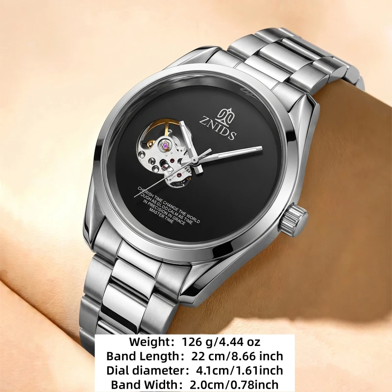 European and American Style Light Luxury Skeleton Mechanical Men's Watch, Minimalist Dial with Transparent Movement Design, Fully Automatic Steel Band Waterproof Wristwatch, Popular Gift for Daily Wear, Formal and Casu