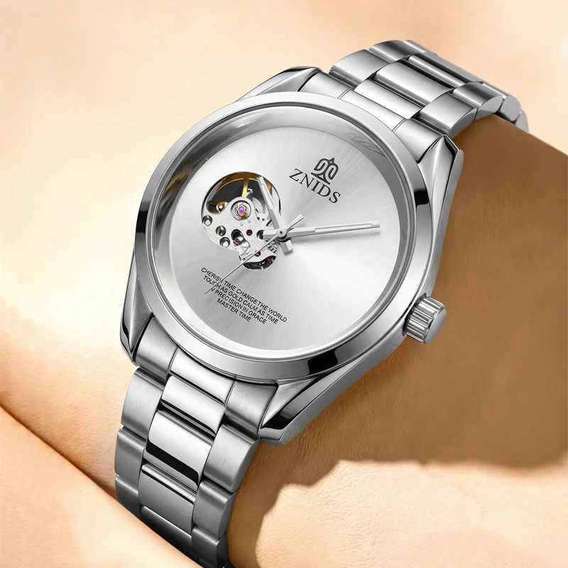 European and American Style Light Luxury Skeleton Mechanical Men's Watch, Minimalist Dial with Transparent Movement Design, Fully Automatic Steel Band Waterproof Wristwatch, Popular Gift for Daily Wear, Formal and Casu